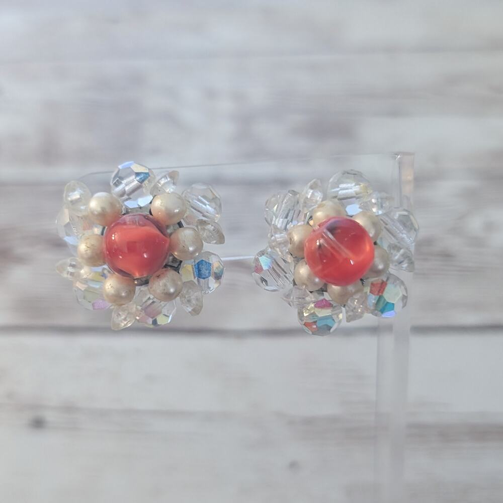 Vintage Clip On Earrings Cream, Clear, Orange Cluster